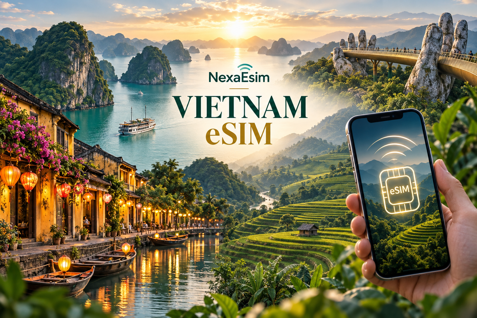Vietnam travel montage with Ha Long Bay, Hoi An, rice terraces, Golden Bridge and a NexaEsim phone
