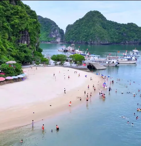 A cruise ship navigating through Halong Bay with a clear sky, illustrating ideal conditions