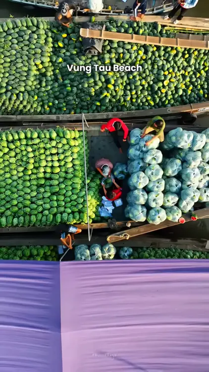 Overhead view of boats navigating the Cai Rang floating market in Can Tho, Mekong Delta, Vietnam