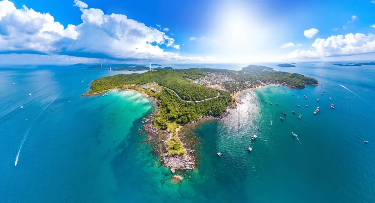 Scenic view of Phu Quoc Island's coastline with white sand and clear blue water