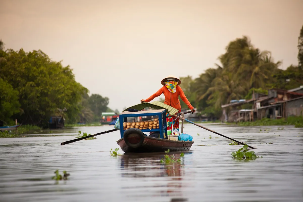 Riverside landscape and waterways in Soc Trang province