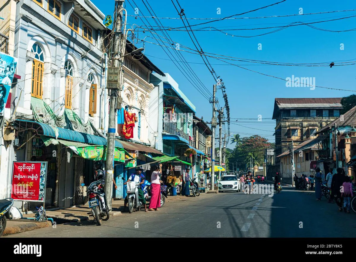 Mawlamyaing waterfront showing boats and seafood stalls