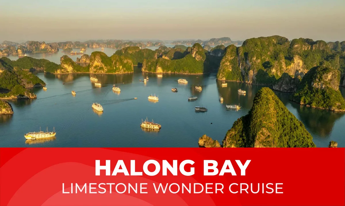 Karst islands rising from emerald water in Ha Long Bay