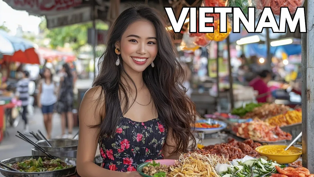 Crowded street food stall with locals eating at low plastic tables