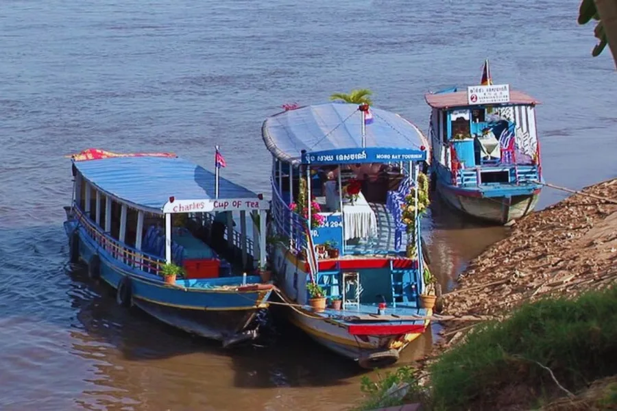 Longtail boats on a narrow waterway surrounded by greenery in the Mekong Delta