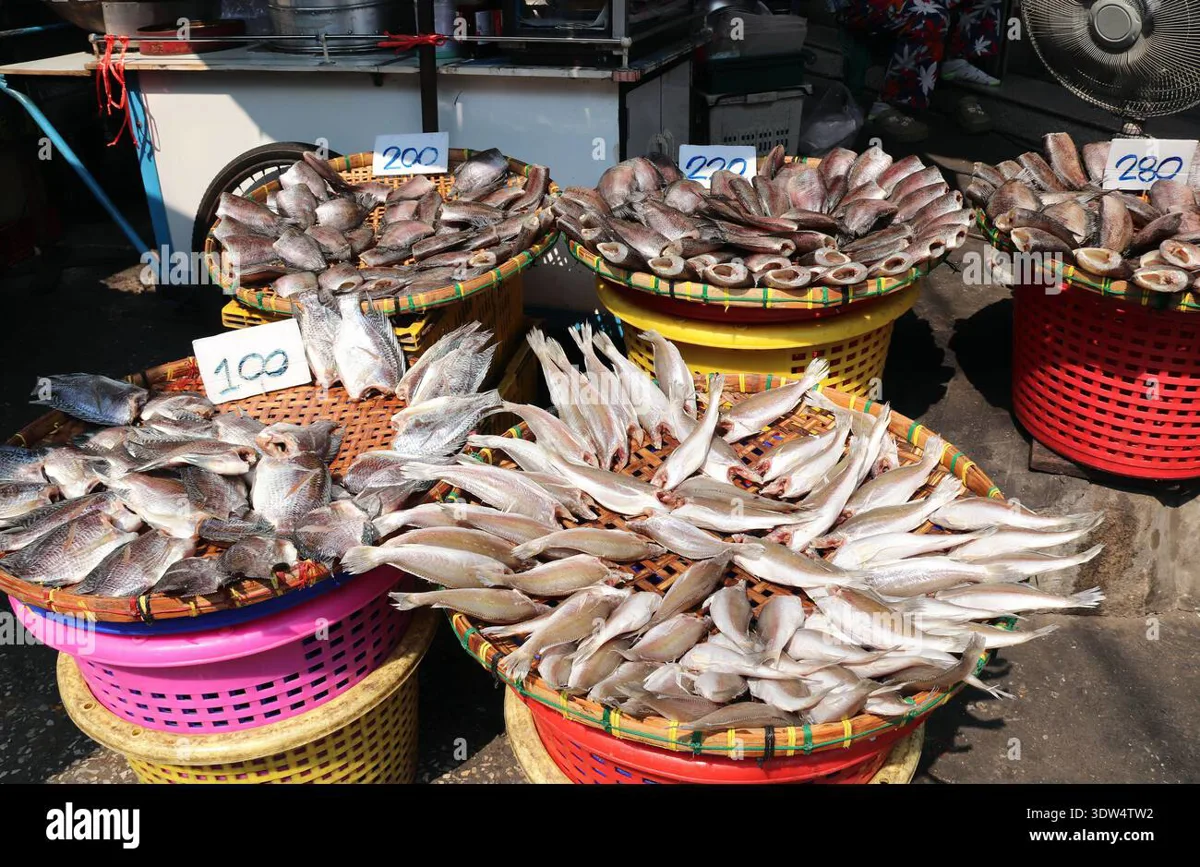 Fresh seafood on display at a coastal Myanmar market