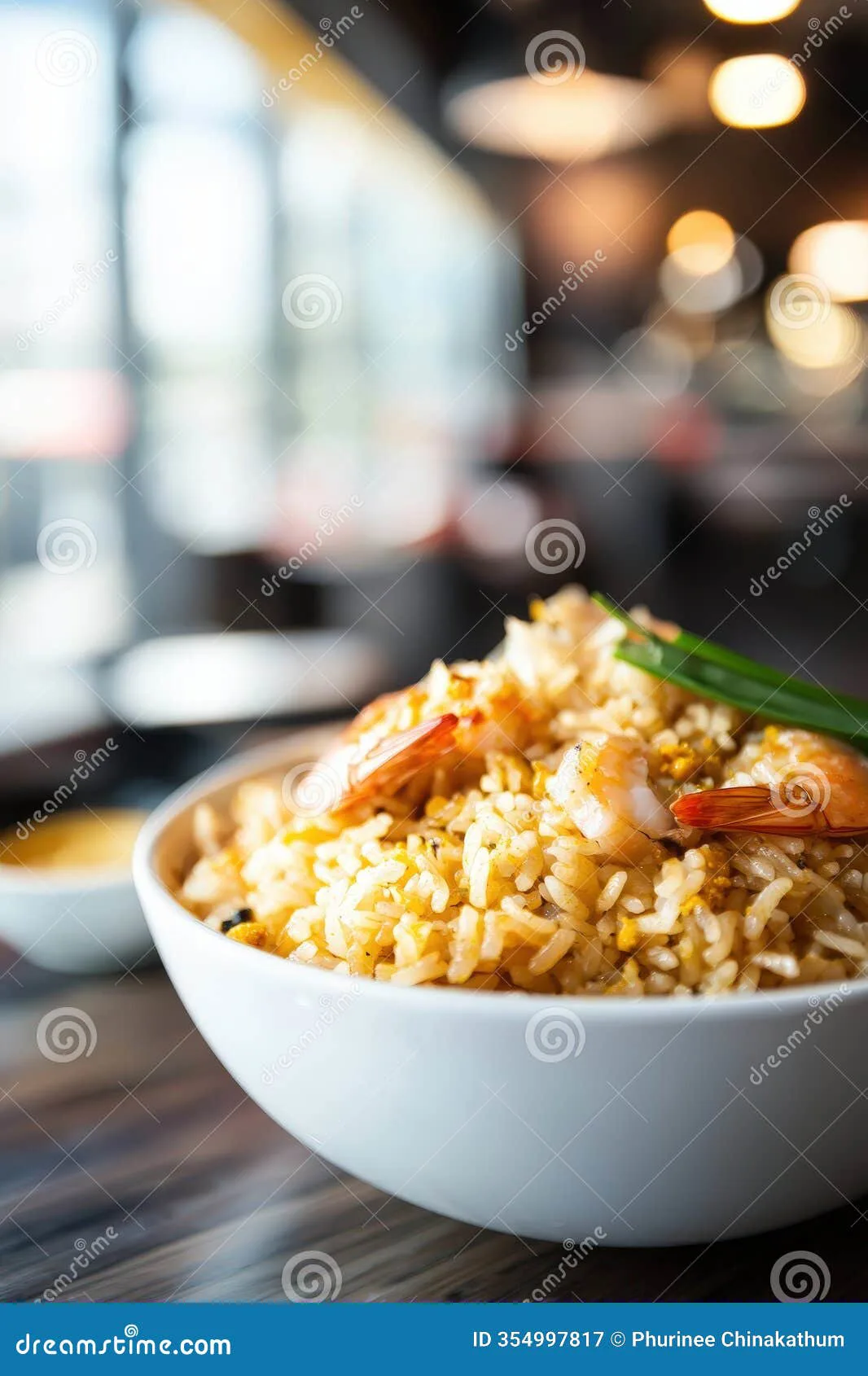 Turmeric rice topped with flaked fish and garlic oil