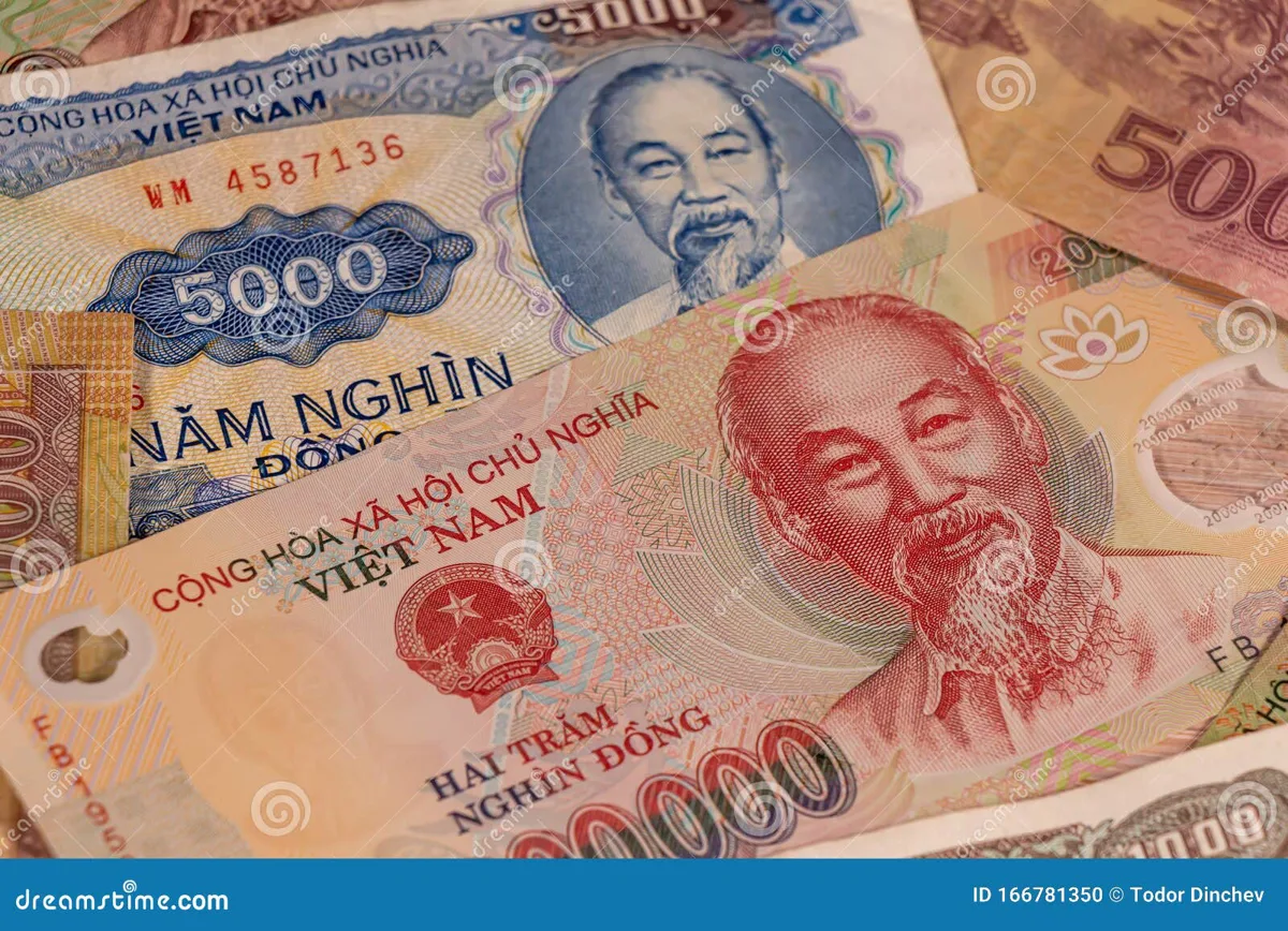 Spread of Vietnamese Dong banknotes on a table