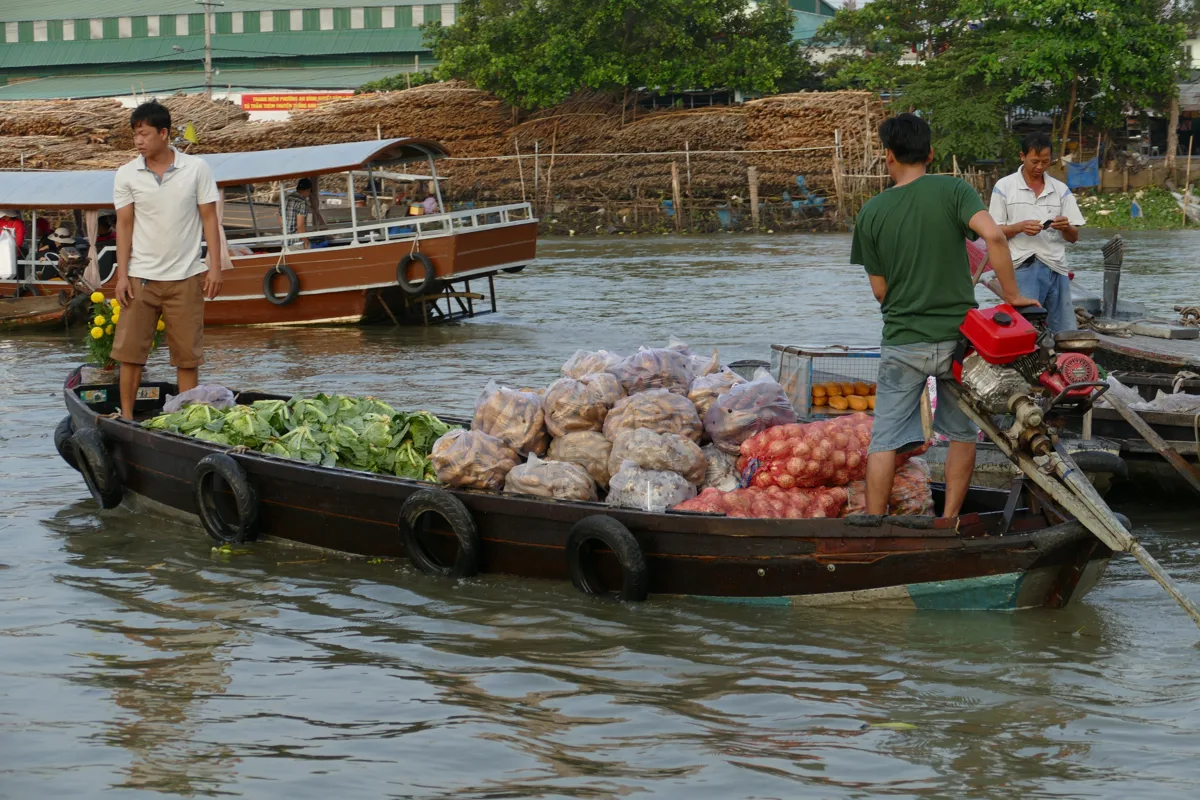 A narrow canal lined with vegetation in the Mekong Delta