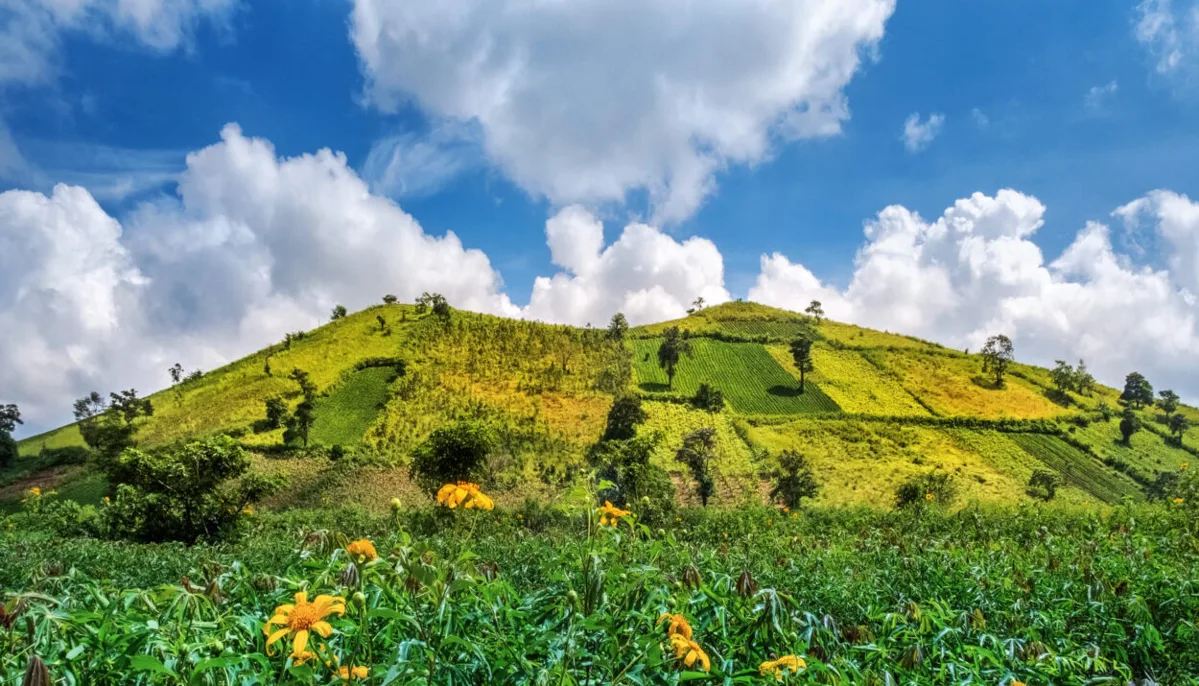 Panoramic view of Pleiku city at sunset, showing lush green hills, traditional houses, and a peaceful lake in the Central Hig