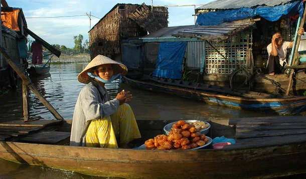 Panoramic view of Chau Doc city and the Mekong Delta from Sam Mountain, showcasing lush landscapes and river life.