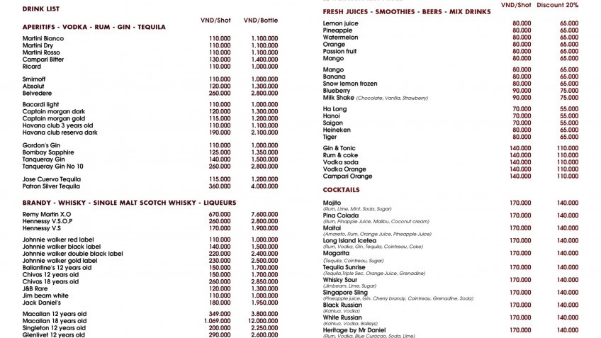 Heritage Drink Menu