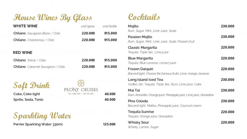 Drink Menu On Peony Cruise