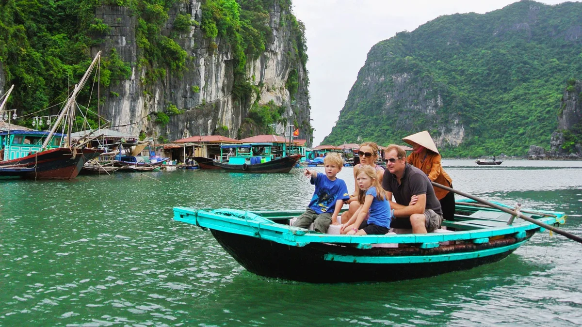 Family exploring ancient temples in Cambodia during a Vietnam and Cambodia tour